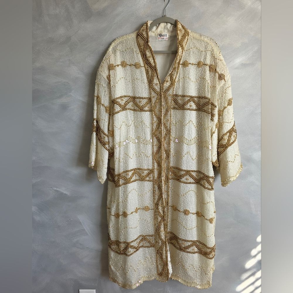 Flapper Style Gunit Cream & Gold Sequin Beaded Duster Kimono Jacket Vtg OS